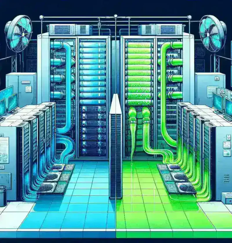 "Advanced liquid cooling system in a modern data center, illustrating the transition from traditional air cooling methods to efficient liquid cooling technology for enhanced energy efficiency and performance."