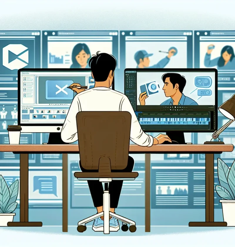 "Editing product demo video on a computer screen, showcasing professional video editing software tools and techniques for creating high-quality product demonstrations."