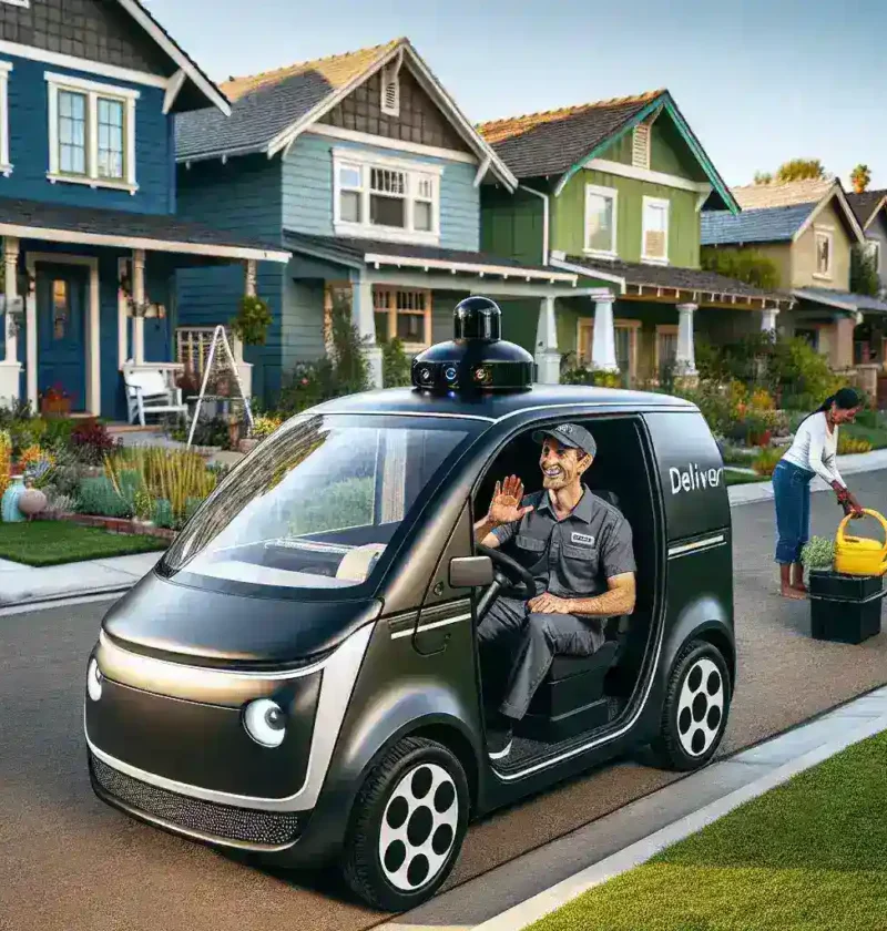 "USPS autonomous delivery vehicle navigating a suburban neighborhood during pilot testing for innovative delivery solutions."