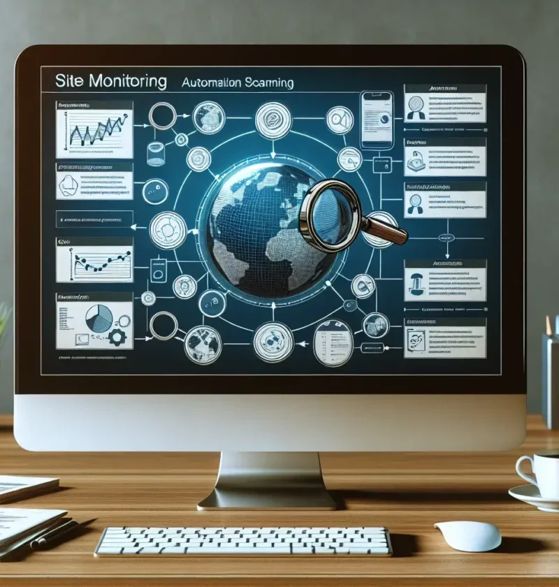 "Automated site monitoring dashboard displaying real-time content updates and alerts for website changes in a digital environment."