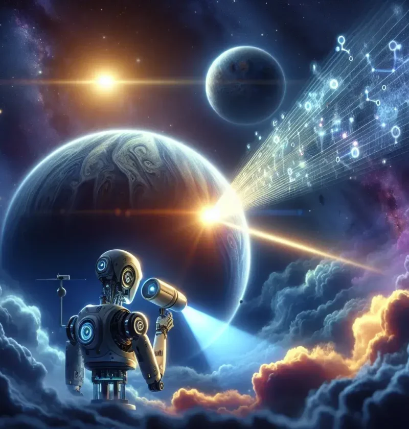 "AI-enhanced spectrometer analyzing molecular compositions of exoplanet clouds, showcasing advanced technology in astrophysics"