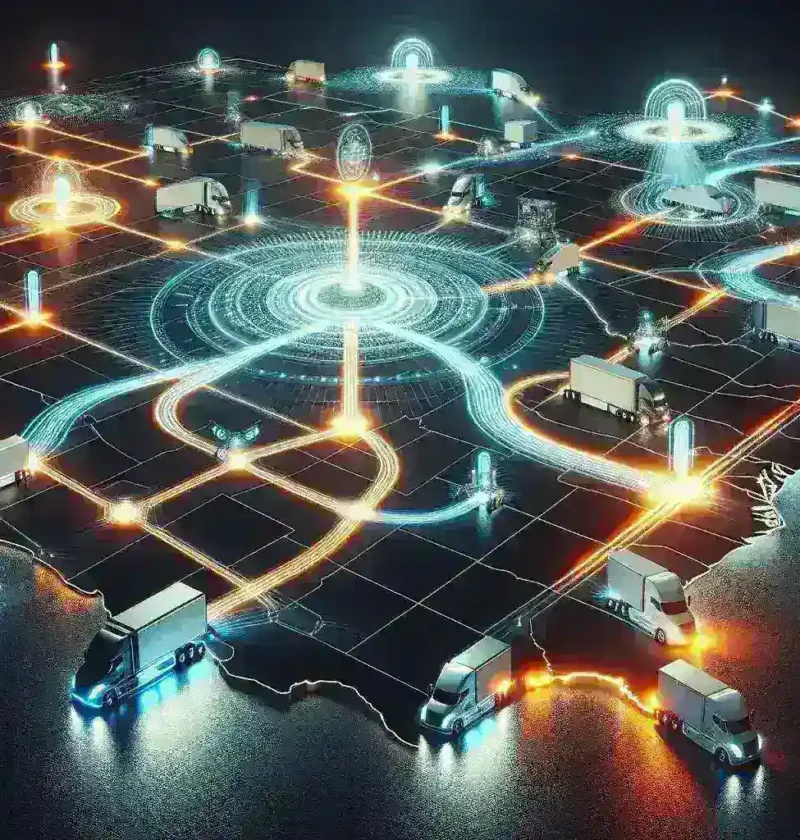 "Tesla AI-powered fleet coordination technology for cross-state logistics in the U.S., showcasing autonomous electric trucks optimizing delivery routes."